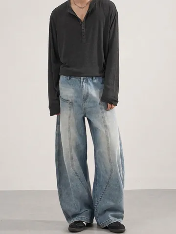 Herren American Style Baggy Wide Leg Jeans Retro Washed Patchwork Denim Hose Gerade Casual Trousers