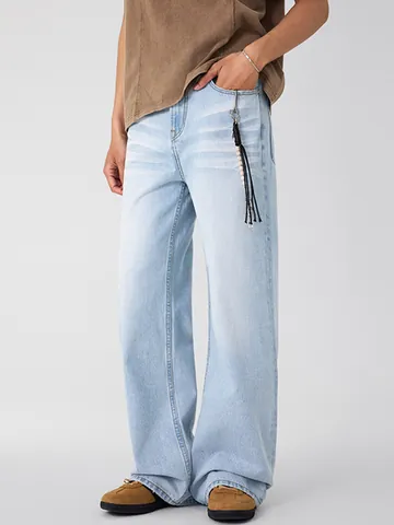 Herren American Vintage Gletscherblau Weites Bein Jeans Lockere Gerade Denim Hose Mit Distressed Katzenbart Streetwear Lässige Hose