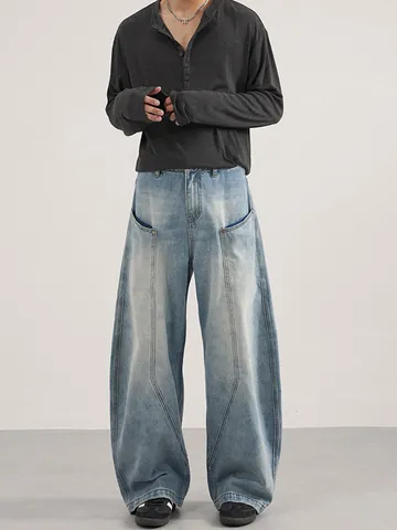 Herren American Style Baggy Wide Leg Jeans Retro Washed Patchwork Denim Hose Gerade Casual Trousers