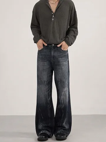 Jeans da Uomo American Retro Cleanfit Lavati Tie-Dyed Pantaloni Micro-Flare Trama Slub Unisex Vestibilità Larga in Denim