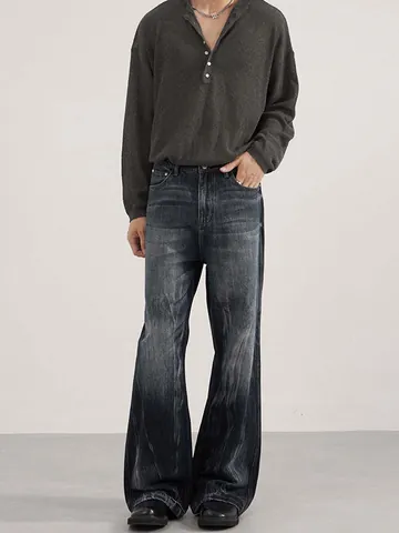 Jeans da Uomo American Retro Cleanfit Lavati Tie-Dyed Pantaloni Micro-Flare Trama Slub Unisex Vestibilità Larga in Denim