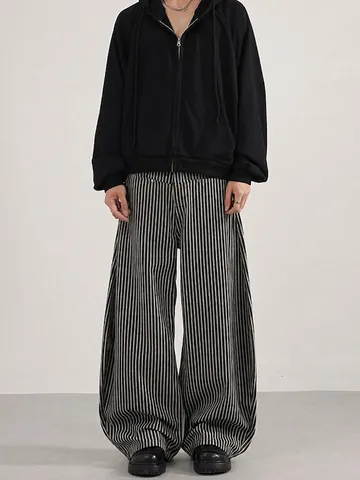 Amerikaanse Vintage Heren Gestreepte Casual Broek Losse Pasvorm Gebogen Wijde Pijpen Katoenmix Streetwear Broek
