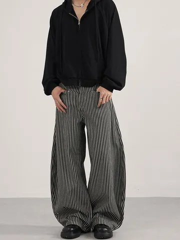 Amerikaanse Vintage Heren Gestreepte Casual Broek Losse Pasvorm Gebogen Wijde Pijpen Katoenmix Streetwear Broek