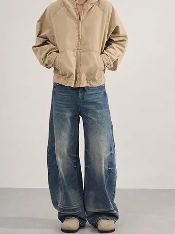 Men's Loose Wide Leg Jeans Water Washed Cat Whiskers Denim Pants American Retro Style Cotton Blend Trousers For Youth