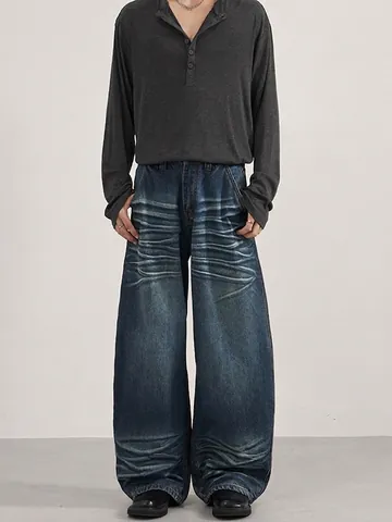 Herren Lose Baggy Jeans Amerikanischer Vintage Cat Whiskers Washed Baumwolle Denim Streetwear Lässig Gerade Hose