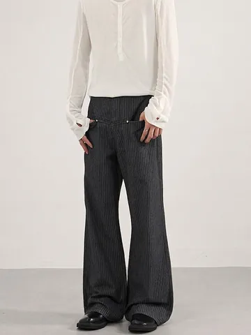 Men's American Cleanfit Striped Denim Flare Jeans Vintage High Waist Wide Leg Pinstripe Pants Washed Cotton Casual Trousers