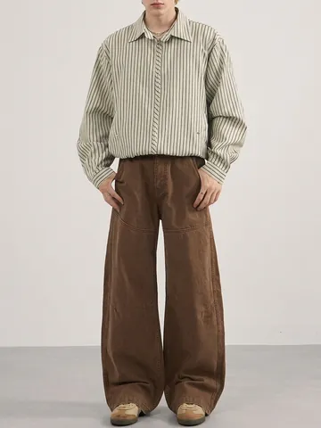Men's American Vintage Pleated Wide Leg Pants Cleanfit Cotton Loose Casual Curved Trousers Solid Color Streetwear