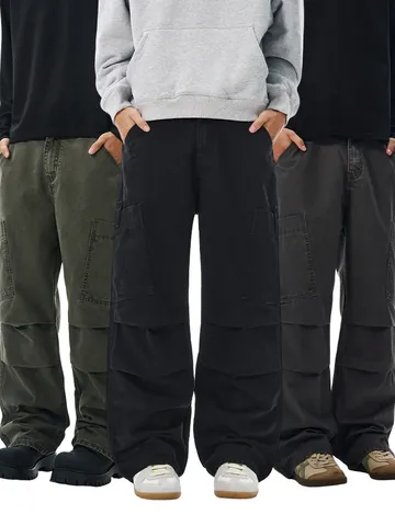 Pantaloni Cargo Uomo in Tela di Cotone Retrò Americano Taglio Dritto Larghi Multitasche Vita Elastica Casual Streetwear