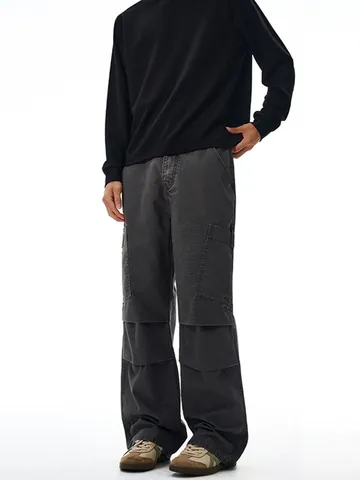 Pantaloni Cargo Uomo in Tela di Cotone Retrò Americano Taglio Dritto Larghi Multitasche Vita Elastica Casual Streetwear