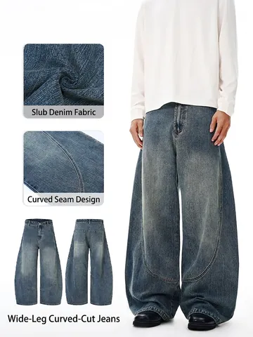 Pantalones Vaqueros para Hombre American Vintage Slub Denim Patchwork Curved Leg Streetwear Baggy Oversized Lavado Mezcla Algodón Casual
