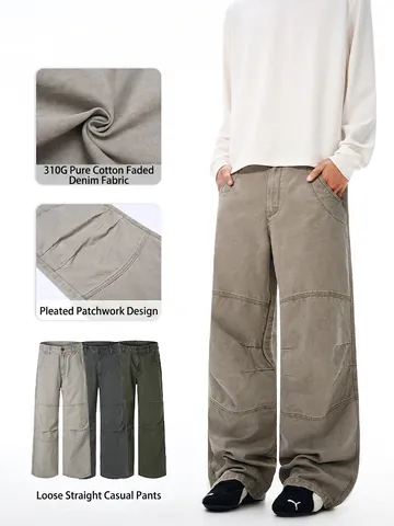 Men's American Vintage Pleated 100% Cotton Cargo Pants Loose Straight Leg Streetwear Casual Trousers For Daily Wear