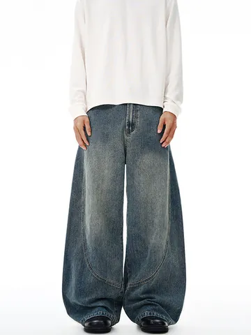 Pantalones Vaqueros para Hombre American Vintage Slub Denim Patchwork Curved Leg Streetwear Baggy Oversized Lavado Mezcla Algodón Casual