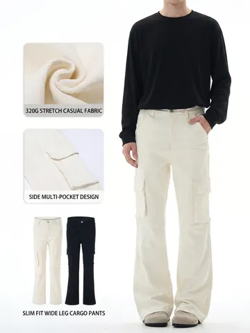 Herren Streetwear Cargo Hose Slim Fit Ausgestelltes Bein Multi-Taschen Cleanfit Elastische Baumwolle Lässige Vibe Lange Hose