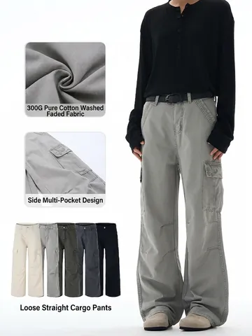 Pantaloni Cargo da Uomo in Cotone Lavato American Vintage Larghi Dritti con Tasche Multiple Streetwear Casual Urban