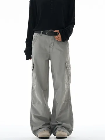 Pantaloni Cargo da Uomo in Cotone Lavato American Vintage Larghi Dritti con Tasche Multiple Streetwear Casual Urban