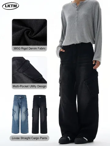 Jeans Cargo da Uomo American Streetwear Larghi a Gamba Dritta Lavati Pantaloni Denim Grandi Tasche Casual Baggy Hip Hop