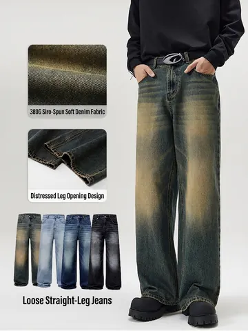 Men American Vintage Washed Distressed Jeans Loose Straight Wide Leg Denim Pants Streetwear Hip Hop Casual Trousers