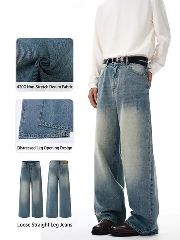 Men's Vintage Washed Gradient Straight Leg Jeans Loose Casual Denim Pants Streetwear Cleanfit Baggy Cotton Trousers