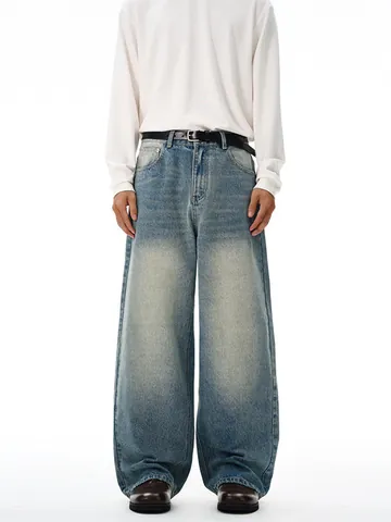 Men's Vintage Washed Gradient Straight Leg Jeans Loose Casual Denim Pants Streetwear Cleanfit Baggy Cotton Trousers