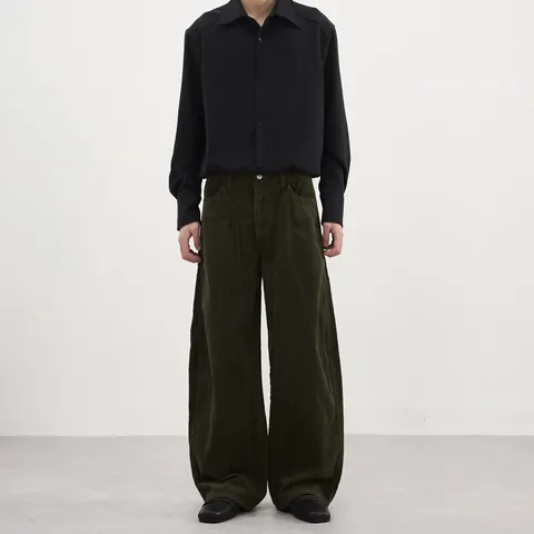 Mens Casual Corduroy Cargo Pants American Retro Patchwork Loose Wide Leg Long Pants Unisex Streetwear Trousers