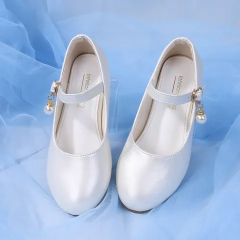 Girls Artificial Pearl White Mary Jane Princess Shoes With Artificial Pearl Pendant Low Chunky Heel Round Toe Wedding Party Performance Dress Shoes