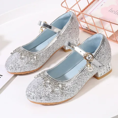 Girls Sequined Princess Shoes Rhinestone Mary Jane Shoes With Artificial Pearl Pendant Formal Performance Wedding Party Kids High Heels