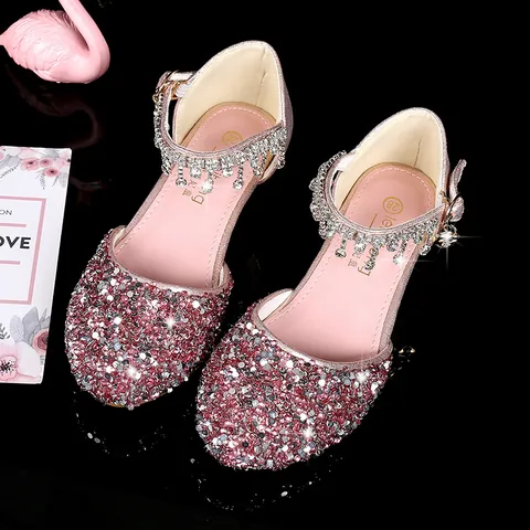 Scarpe da Principessa con Paillettes per Ragazza Cinturino alla Caviglia con Nappine di Strass Lucidi Tacco a Blocco per Matrimonio Festa Performance Regalo di Compleanno