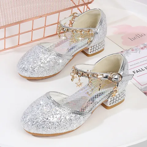 Girls Sequin Princess Shoes Glitter Mary Jane Wedding Party Dress Shoes With Rhinestone Chunky Heel And Metal Charms