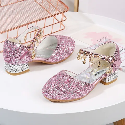 Girls Sequin Princess Shoes Glitter Mary Jane Wedding Party Dress Shoes With Rhinestone Chunky Heel And Metal Charms