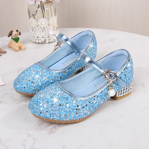 Girls Sequin Princess High Heels Mary Jane Wedding Party Shoes With Moon Star Pendant Rhinestone Performance Dress Shoes