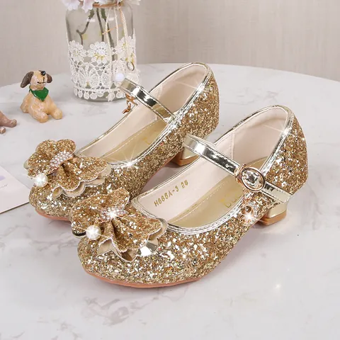 Girls Princess High Heel Sequin Mary Jane Shoes With Bow Pearl Rhinestone Performance Party Wedding Shoes For Little Girls