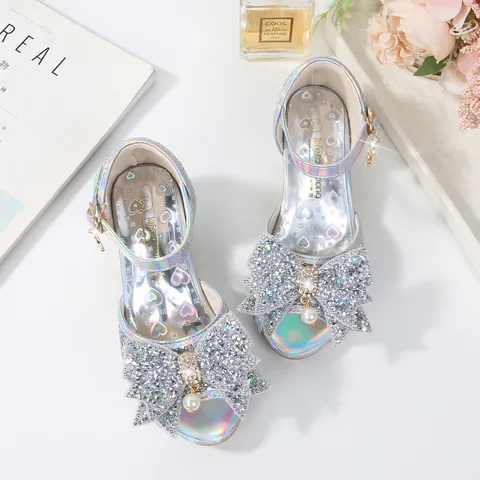 Girls Princess Glitter Sandals Bow Artificial Pearl Rhinestone Sequin Low Heel Mary Jane Dress Shoes For Wedding Party Birthday Gift