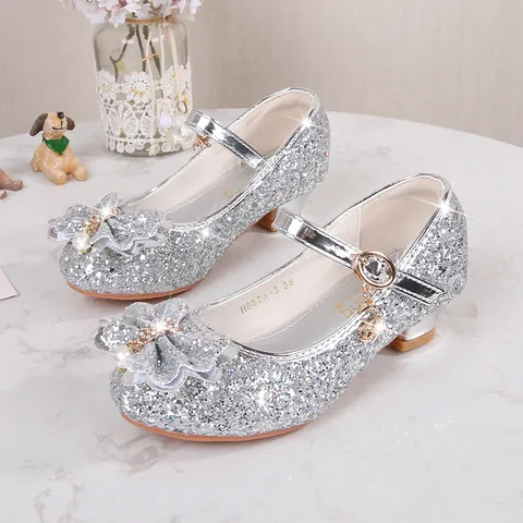 Girls Princess High Heel Sequin Mary Jane Shoes With Bow Pearl Rhinestone Performance Party Wedding Shoes For Little Girls