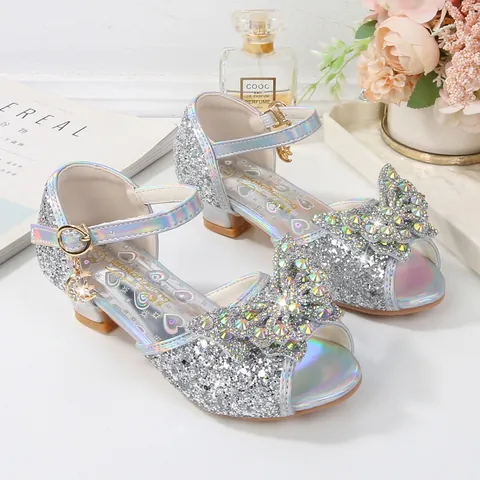 Girls Princess Sandals Glitter Bow Rhinestone Occasion Party Shoes Kids Dress Sandals Open Toe Adjustable Buckle Low Heel