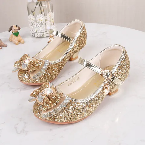 Kids Girls Sequin Princess Shoes Rhinestone Bow Mary Jane Dress Shoes For Wedding Party Performance Glitter Low Heel Shoes