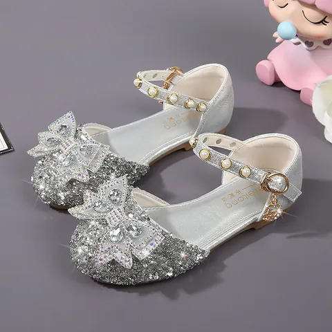 Girls Sparkling Sequin Princess Sandals Rhinestone Bow Dress Shoes For Wedding Party Kids Artificial Pearl Ankle Strap Flat Sandals