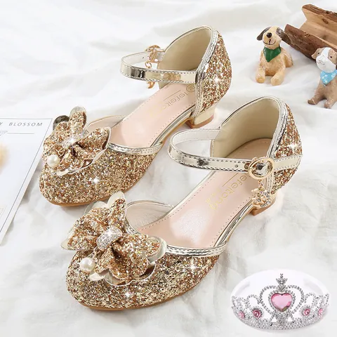 Girls Sequin Princess Shoes Bow Artificial Pearl Rhinestone Detail Chunky Low Heel Mary Jane Dress Shoes For Wedding Party Performance