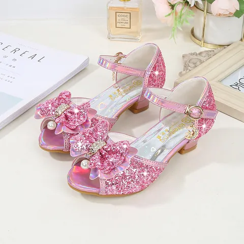 Girls Sequin Princess Sandals Bow Pearl Rhinestone Party Shoes Kids Wedding Glitter Sandals With Moon Star Charm