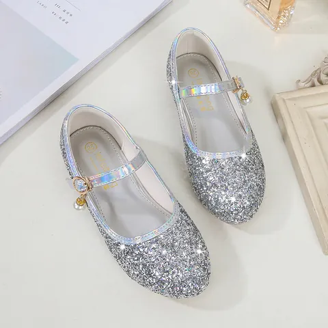 Girls Shiny Sequin Mary Jane Princess Shoes With Pearl Charm Adjustable Buckle Lightweight Flat Party Wedding Performance Dress Shoes