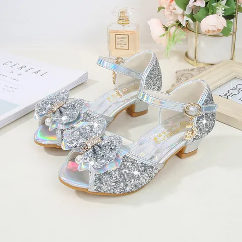 Girls Sequin Princess Sandals Bow Pearl Rhinestone Party Shoes Kids Wedding Glitter Sandals With Moon Star Charm