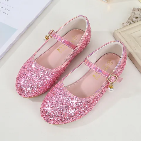 Girls Shiny Sequin Mary Jane Princess Shoes With Pearl Charm Adjustable Buckle Lightweight Flat Party Wedding Performance Dress Shoes