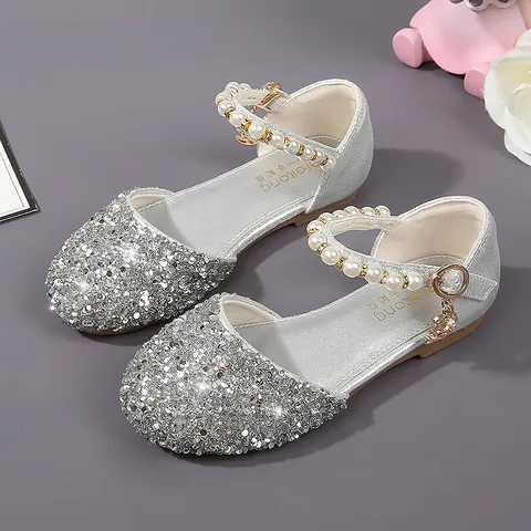 Girls Princess Shoes Silver Sequin Pearl Strap Moon Star Pendant Non-slip Soft Sole Party Wedding Mary Jane Flat Shoes