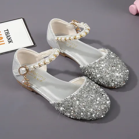 Girls Princess Shoes Silver Sequin Pearl Strap Moon Star Pendant Non-slip Soft Sole Party Wedding Mary Jane Flat Shoes
