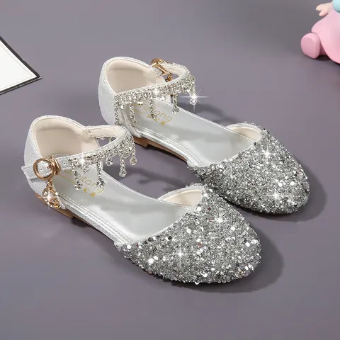 Sparkling Girls Princess Shoes Sequin Rhinestone Tassel Party Dress Shoes Soft Sole Flower Girl Wedding Performance Sandal