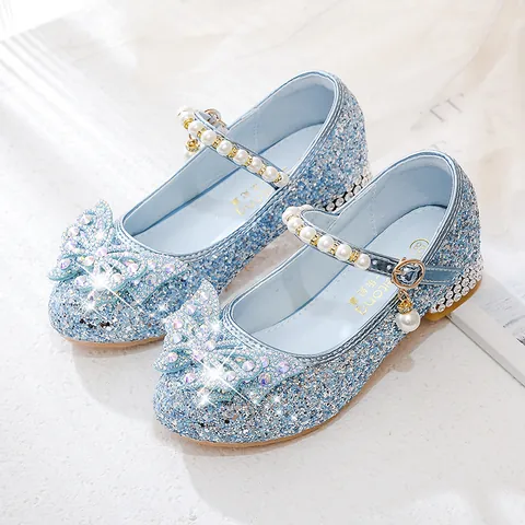 Girls Princess Mary Jane Shoes Sequined Rhinestone Bowknot Pearl Strap Low Heel Dress Shoes For Wedding Party Birthday Gift