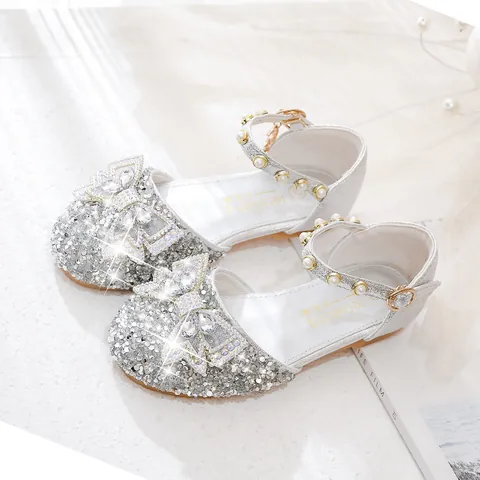 Girls Princess Sequin Shoes With Rhinestone Butterfly Knot Pearl Ankle Strap Sparkling Flat Dress Shoes For Wedding Party
