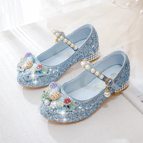 Girls Princess Sequins Shoes Pearl Bow Rhinestone Low Heel Mary Jane Shoes For Wedding Party Ceremony Children Dress Shoes