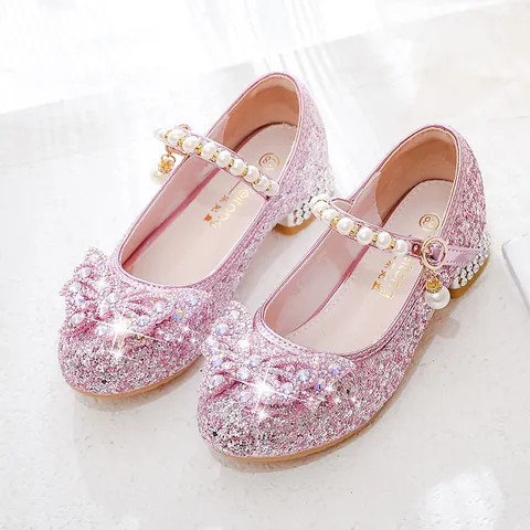 Girls Princess Mary Jane Shoes Sequined Rhinestone Bowknot Pearl Strap Low Heel Dress Shoes For Wedding Party Birthday Gift