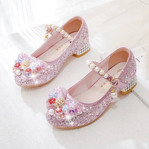 Girls Princess Sequins Shoes Pearl Bow Rhinestone Low Heel Mary Jane Shoes For Wedding Party Ceremony Children Dress Shoes