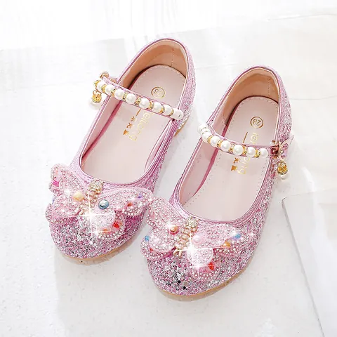 Girls Princess Mary Jane Shoes Glitter Rhinestone Butterfly Knot Pearl Decor Party Wedding Dress Shoes For Kids